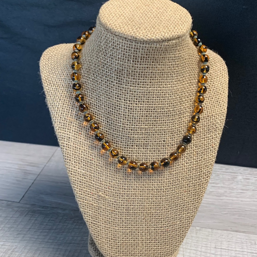 Lauren Ralph Lauren Amber Tortoise Glass Bead Toggle Necklace RL Logo 16 Inch